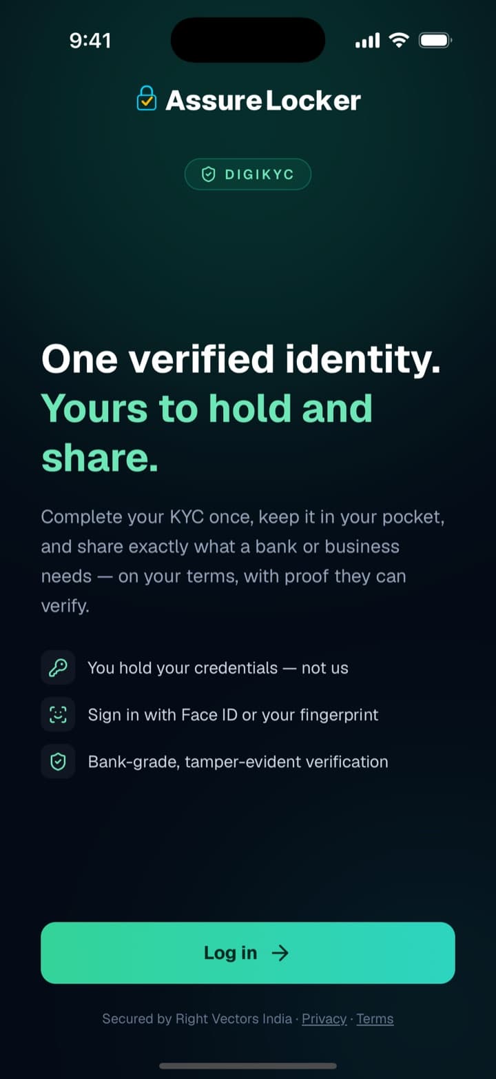 The AssureLocker app: ‘One verified identity — yours to hold and share.’ Complete your KYC once, keep it in your pocket, sign in with Face ID.